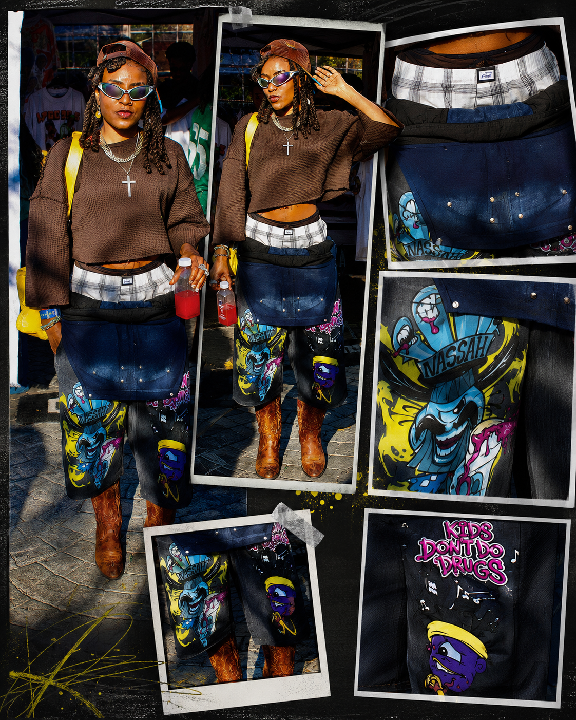Qrows Feet Chapter 01 lookbook collage — multiple styled shots, artwork detail, Kids Don't Do Drugs shorts